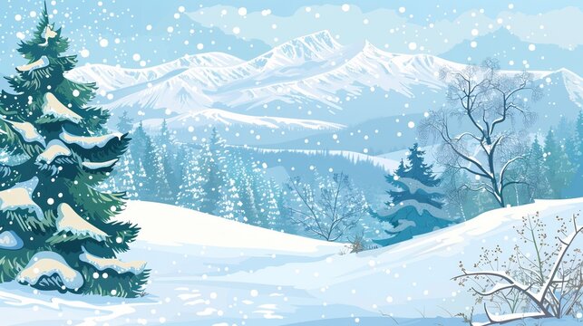 Winter snow mountain view landscape illustration, quiet and peaceful
