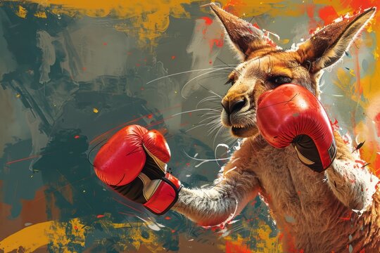 A playful representation of a kangaroo boxing combining cartoonish features with digital enhancements for a vibrant and engaging artwork