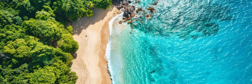 Aerial View of Pristine Beach and Lush Greenery - A paradise of sand, waves, and dense foliage from above