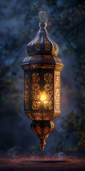 Ramadan lantern with golden Islamic inscriptions with a hollow background