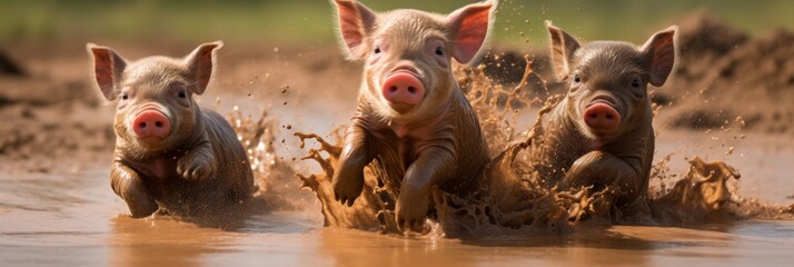 Muddy Piglet Race Adventure - Three energetic piglets racing joyfully in mud, a dynamic and playful image capturing the essence of carefree farm life. - obrazy, fototapety, plakaty