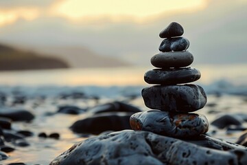 A serene pile of zen stones delicately balanced by a tranquil water body at dusk - obrazy, fototapety, plakaty