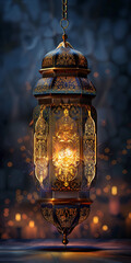 Ramadan lantern with golden Islamic inscriptions with a hollow background