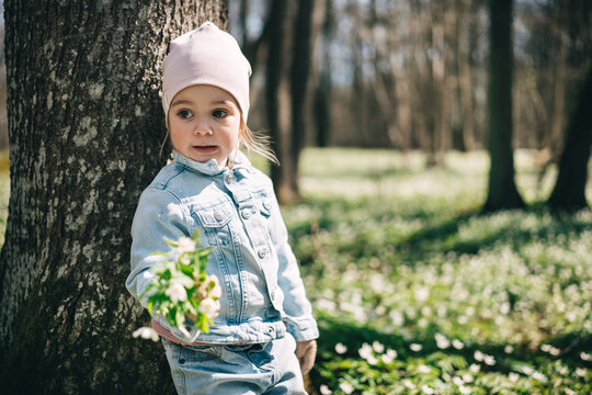 Little girl in jeans jacket standing near the tree in the forest covered with anemones 