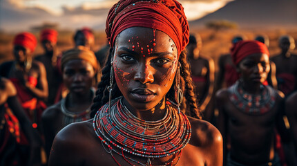 A young African woman wearing a red turban, beaded necklaces and face paint stands in front of a group of people in the background - obrazy, fototapety, plakaty