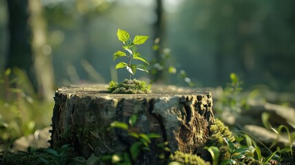 Obraz premium green young little tree emerge from wood stump - concept of hope and rebirth