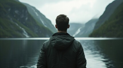 Fototapeta premium a person standing in front of a body of water with mountains in the back ground and fog in the air.
