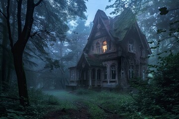 An eerie image of an abandoned house in a foggy forest setting, evoking a sense of mystery and nostalgia