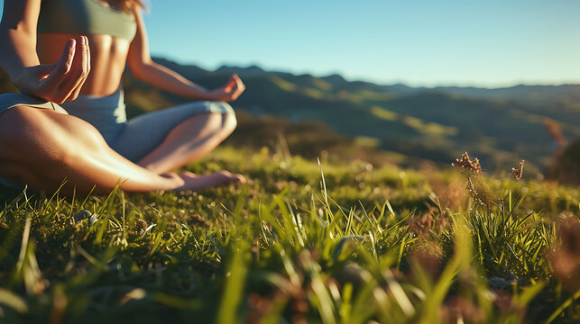 Mulher praticando yoga em colina gramada com céu azul e montanhas ao fundo