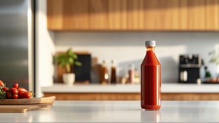 Fototapeta na wymiar sleek glass bottle of ketchup or Red Sauce standing on a modern, well-lit kitchen counter