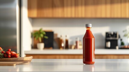 sleek glass bottle of ketchup or Red Sauce standing on a modern, well-lit kitchen counter