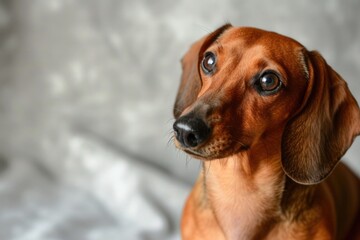 a brown dachshund is sitting on a bed and looking at the camera