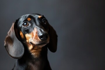 a black and brown dachshund is looking at the camera with a gray background