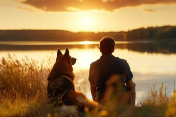 Man and dog sit by lake under sunset sky, happy in natural landscape