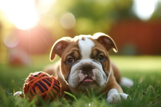 a bulldog puppy is laying in the grass with a ball