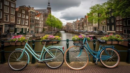 Fototapeta premium two blue bicycles parked next to each other on a bridge over a river with buildings in the background and flowers in the foreground.