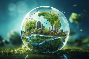 Urban Greenery Globe Concept - A concept image of a globe that holds an urban landscape lush with greenery, reflecting the idea of eco-urban environments.