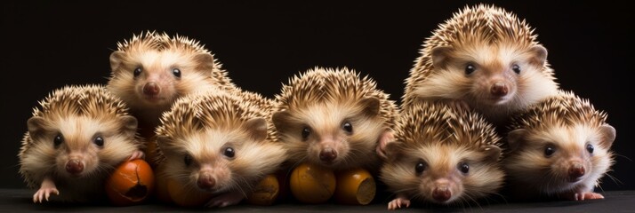 Hedgehog Family Portrait Session - An adorable lineup of hedgehogs posing with fruit props, perfect for warm, family-themed projects.