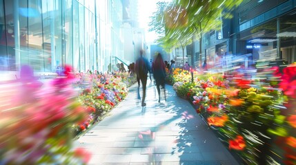 A motion-blurred photograph capturing pedestrians and colorful flower beds in an urban setting