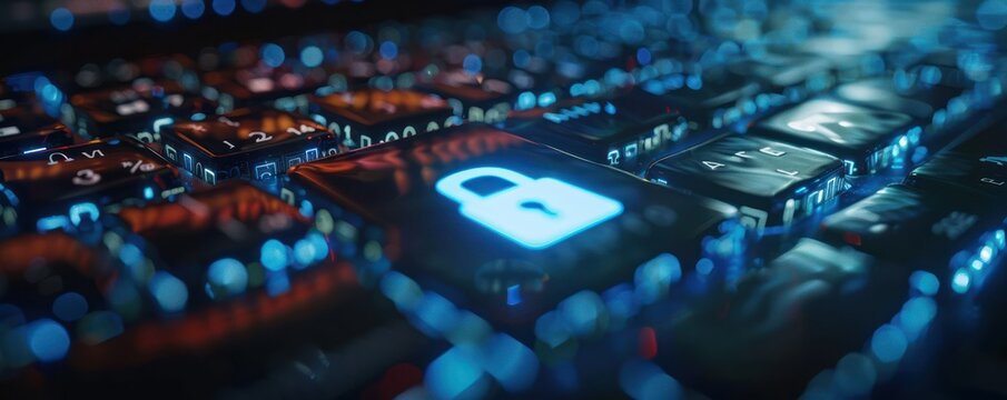 Close up of a secure online banking login page on a laptop screen with a cybersecurity lock symbol prominently displayed representing strong encryption protocols
