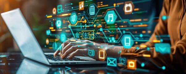 Close up of a virtual consultation with a financial advisor on a laptop with digital icons representing secure encrypted communication channels