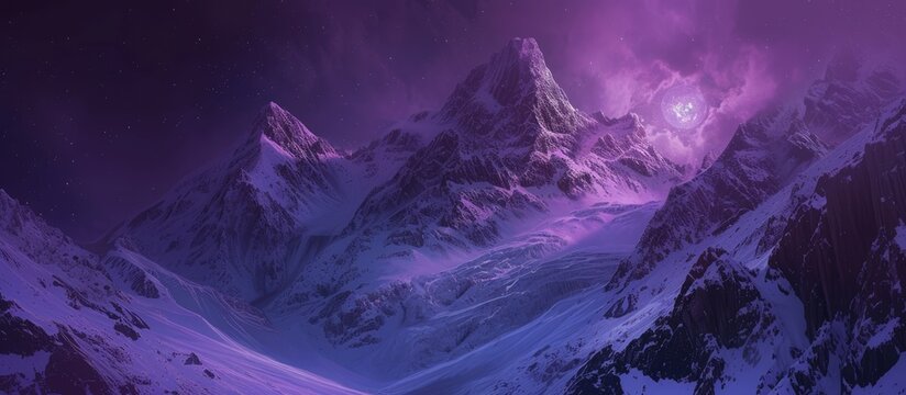 A rocky mountain covered in snow stands under a twilight sky painted in shades of dark lilac and purple, creating a surreal and cold atmosphere.