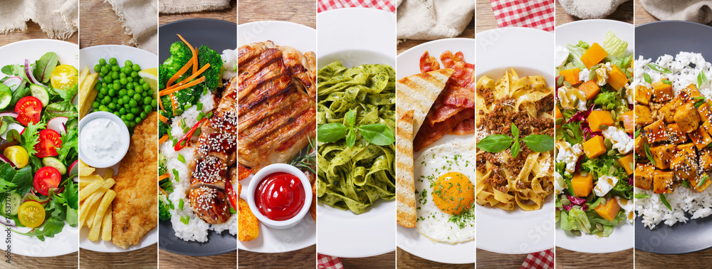 Poster food collage of plates of meals, top view