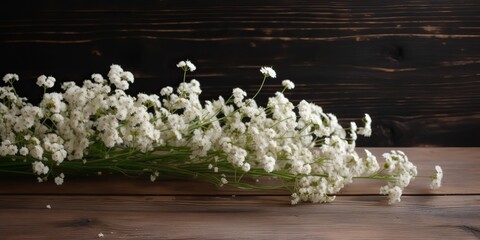 Small white flowers gypsophila on wood table scene. Decorative romantic elegance mock up background