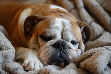 Bulldog resting on a blanket, comfortable on the bed