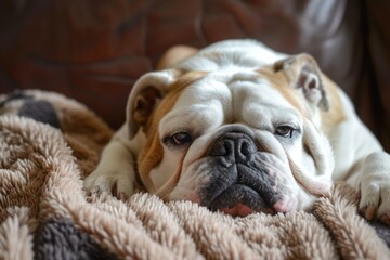Bulldog resting comfortably on a couch under a blanket