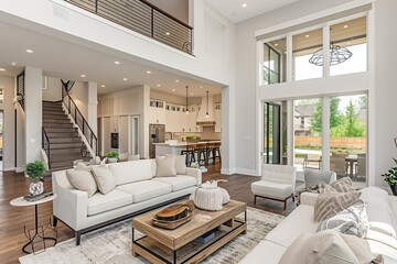 Beautiful living room interior in new luxury home with open concept floor plan. Shows entry, stairs, kitchen, and dining room.