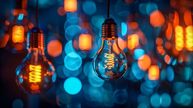 Illuminated vintage style bulbs hang against a captivating blue bokeh background, portraying innovation and ideas