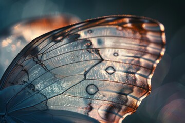 A dew-kissed, intricate butterfly wing in a close-up, showcasing natures delicate patterns and textures.