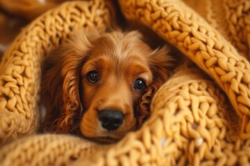 A fawncolored Cocker Spaniel puppy is curled up under a blanket