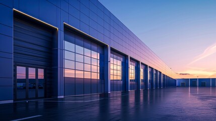 Obraz premium The exterior of a modern industrial building captured at sunset, featuring reflective glass and metallic finishes for a clean, professional look