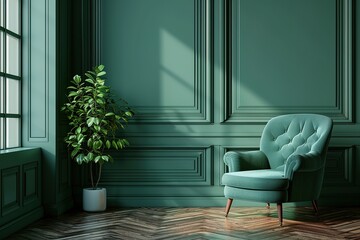 Beautiful luxury classic blue green clean interior room in classic style with green soft armchair. Vintage antique blue-green chair standing beside emerald wall. Minimalist home
