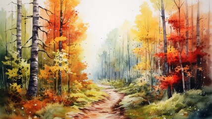 Obraz na płótnie Canvas Lush Autumn Watercolor Forest - This exquisite watercolor painting captures the lush beauty of an autumn forest. The rich palette of fall colors creates a captivating and immersive visual experience.