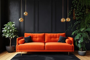 Black mock up wall with orange sofa in modern interior background, living room, Scandinavian style, 3D render, 3D illustration