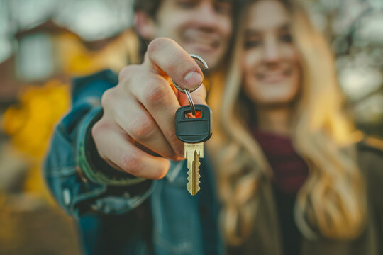Happy couple holding up a key, representing homeownership and a new beginning together