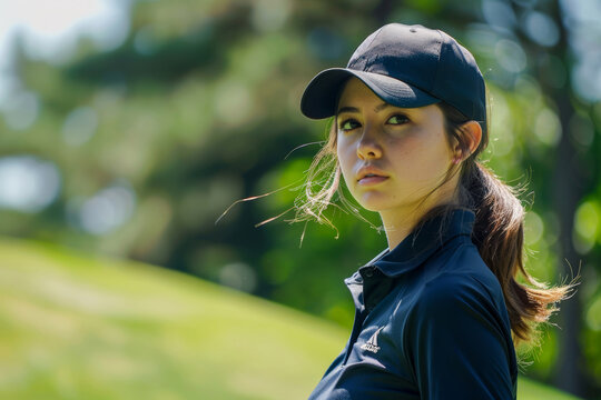 A young female golfer in a branded cap stands focused on the golf course in sunlight
