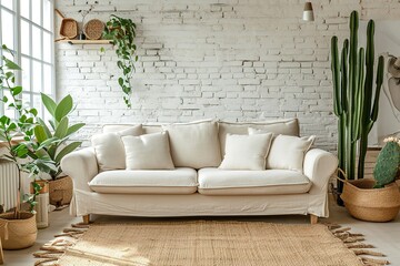 Beautiful spring decorated interior in white textured colors. Living room, beige sofa with a rug...