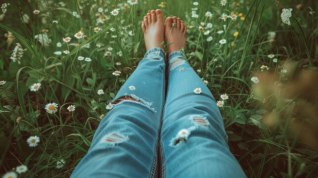 Woman feet walking on summer meadow with flowers concept wallpaper background