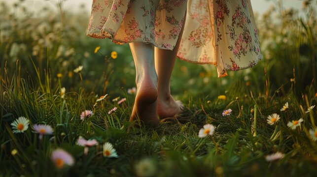 Woman feet walking on summer meadow with flowers concept wallpaper background