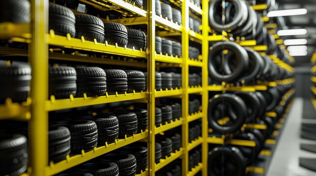 An industrial image showcasing an organized selection of black car tires on vibrant yellow racks
