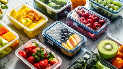An array of colorful fresh cut fruits organized neatly in meal prep containers, symbolizing health and organization