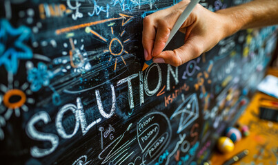Close up of a person's hand writing the word solution with white chalk on a blackboard, representing problem solving, creativity, and successful strategies