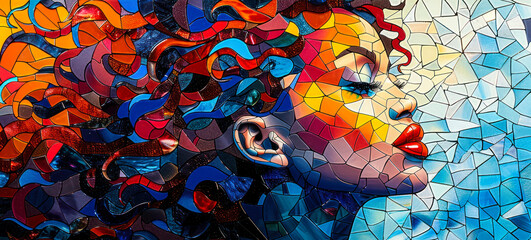 Vibrant geometric mosaic of a woman's profile with flowing hair, encapsulating creativity, diversity, and the essence of modern digital art expression