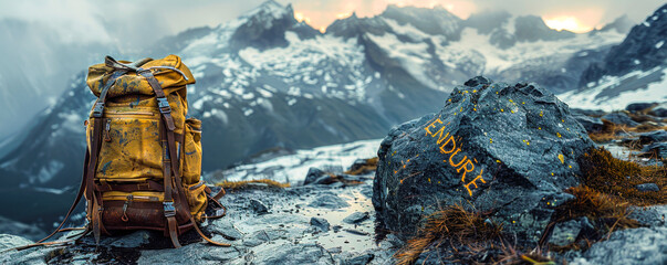 Hiker's backpack resting against a mountain rock with ENDURE painted on it amidst snowy peaks, embodying the spirit of resilience and adventure in nature