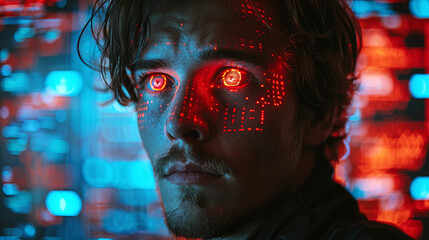 Close-up of digital eye with dot network flying through 3D rendering