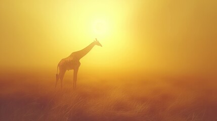 a giraffe standing in a field with the sun shining through the fog and foggy sky behind it.